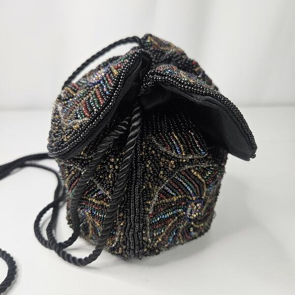 Vintage Black Beaded Floral Cinched Bag Flapper Evening Purse - Picture 5 of 10